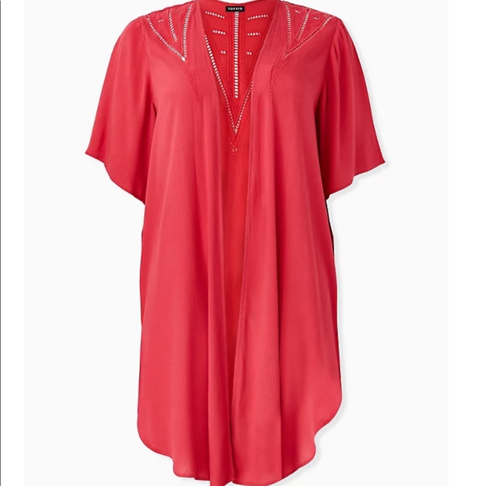 Size 3/4 Red crinkle gauze crochet longline kimono